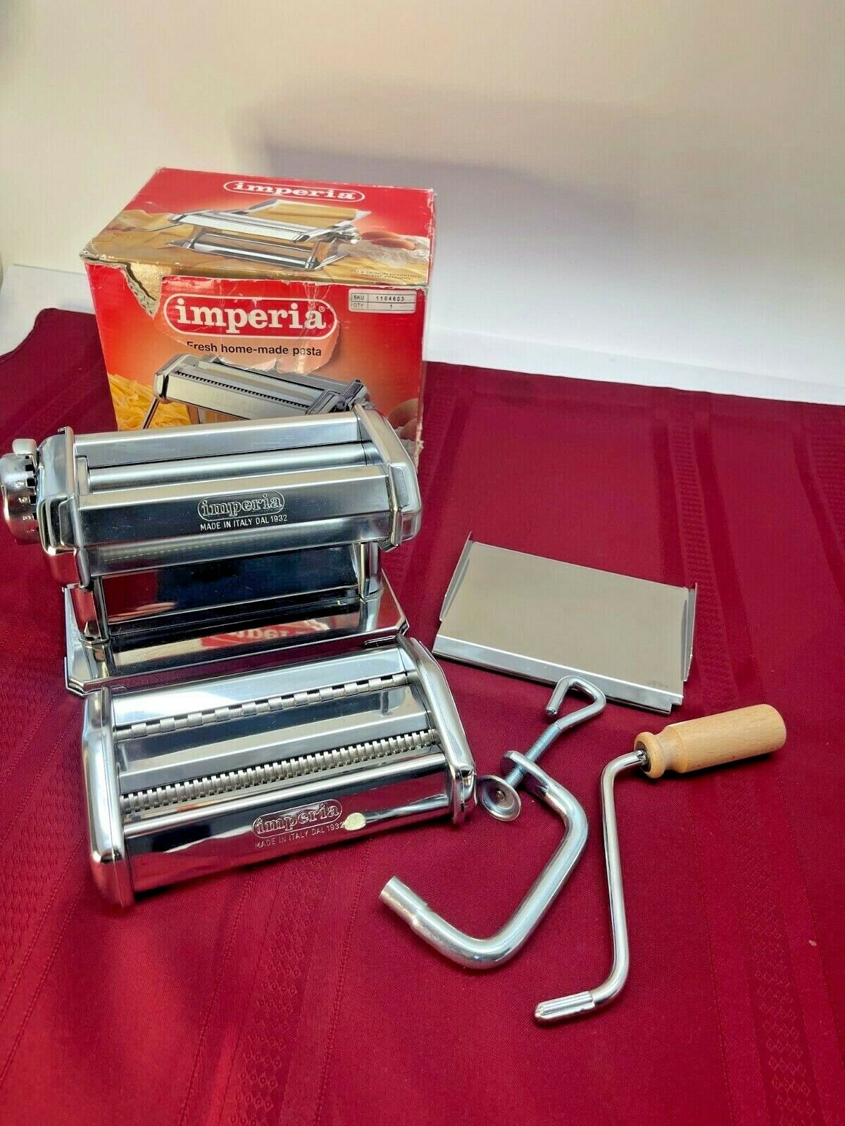 Imperia Dal 1932 Chrome Noodle Pasta Maker Machine Duplex Cutter With Tray & Box